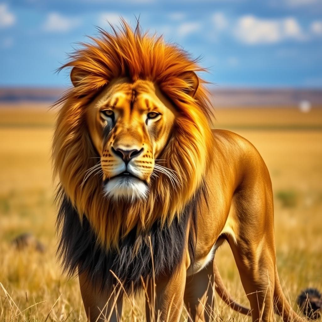 A majestic male lion, showcasing his impressive mane and powerful build