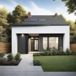 Renovated ground floor front elevation of a suburban house, complete with modern architectural elements and landscaping.