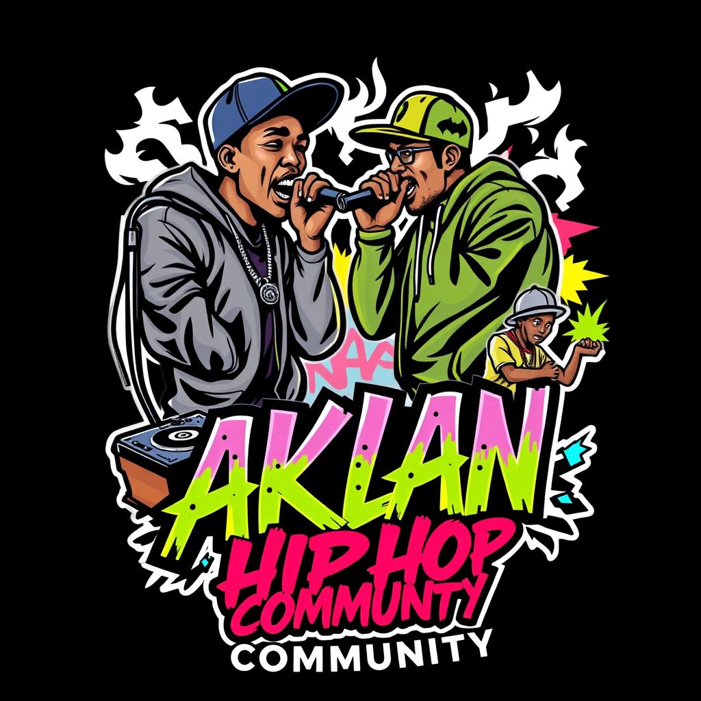 A vibrant hip-hop themed logo featuring two rappers engaged in an intense rap battle, showcasing their expressive styles and energy