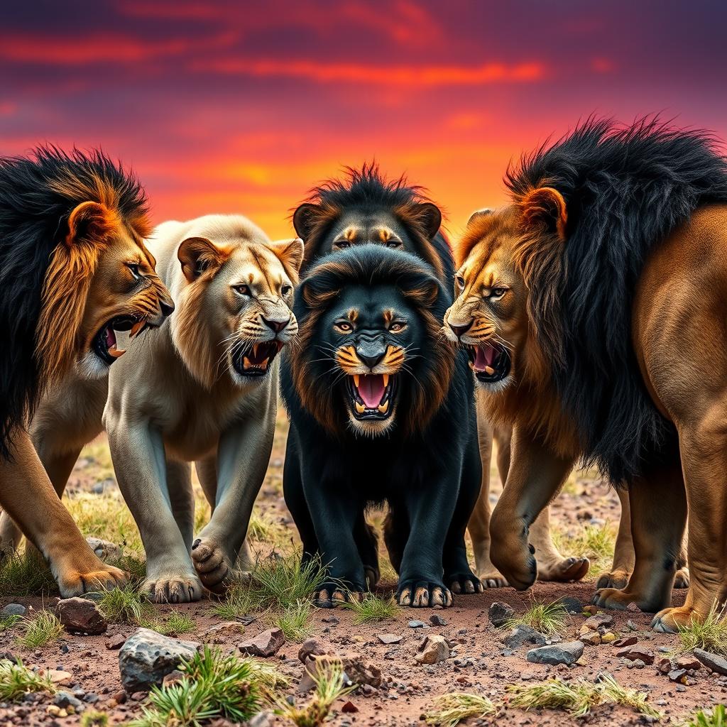 An intense scene featuring a black female lion engaged in a fierce confrontation with five male lions