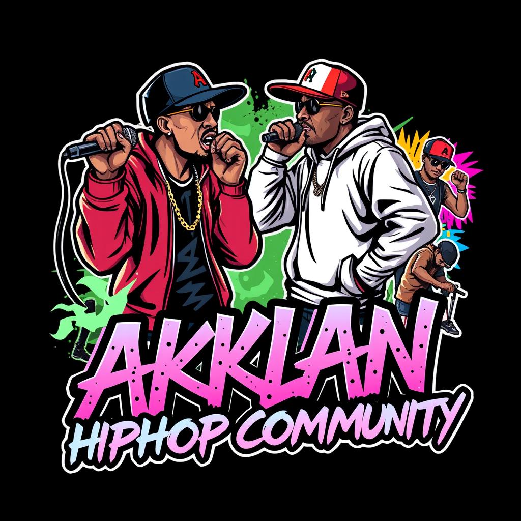 An energetic hip-hop themed logo featuring two rappers engaged in an electrifying rap battle, showcasing their fierce expressions and stylish outfits