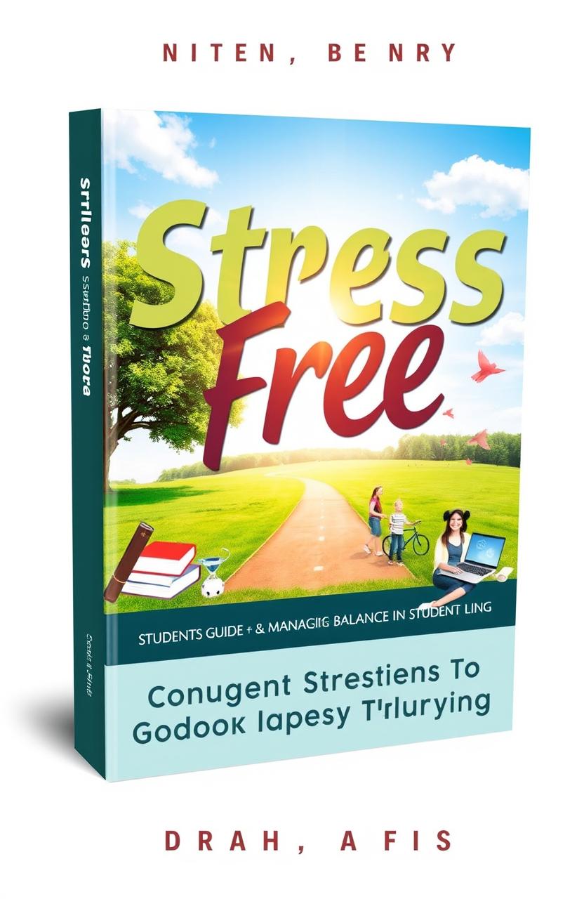 A book cover design for the title "Stress Free: Students Guide To Managing Stress & Thriving" prominently featuring the word 'Stress' in bold, dynamic typography