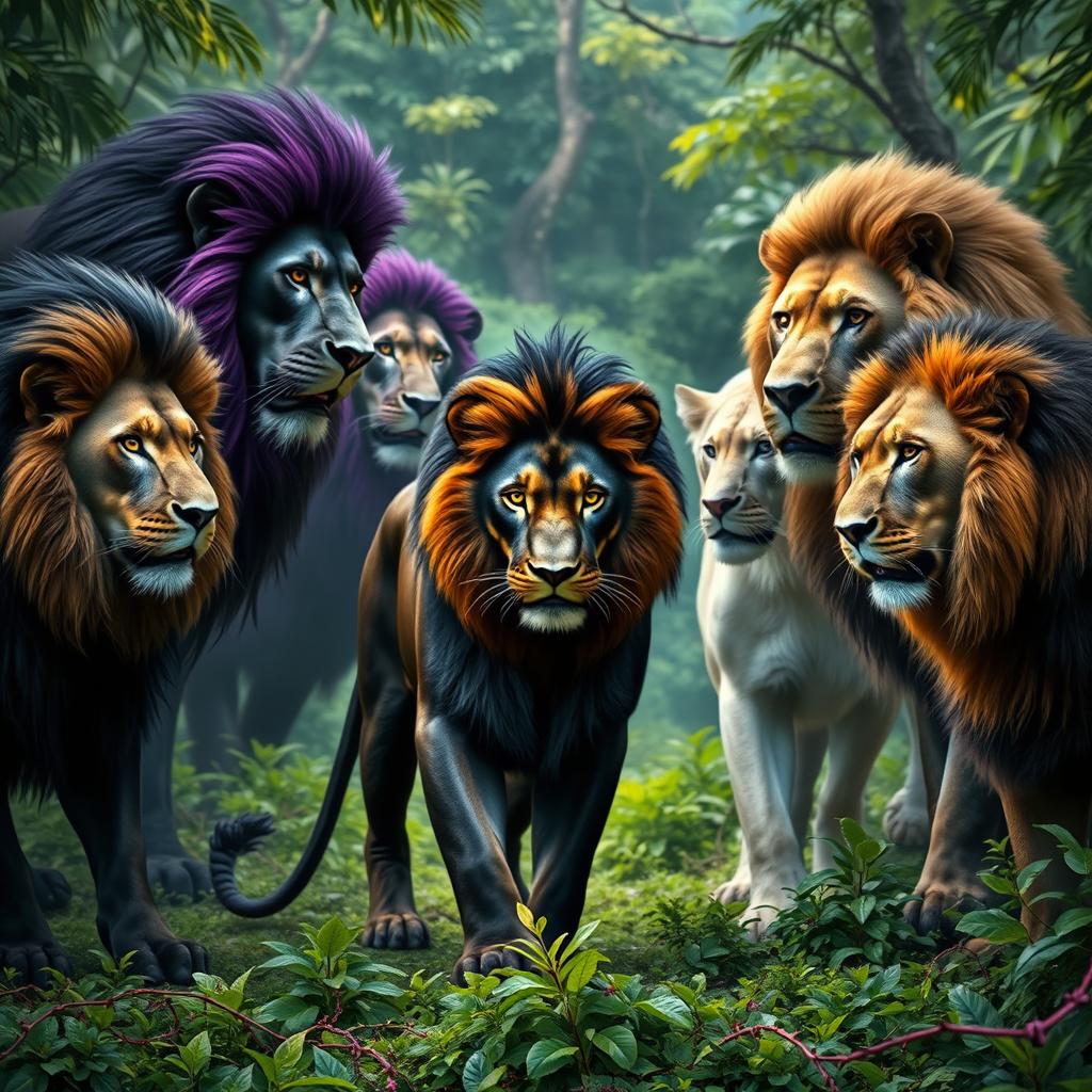 A dramatic scene depicting a black female lion with a glossy coat fiercely confronting five majestic male lions, showcasing their grandeur and power