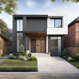 Renovated ground floor front elevation of a suburban house, complete with modern architectural elements and landscaping.