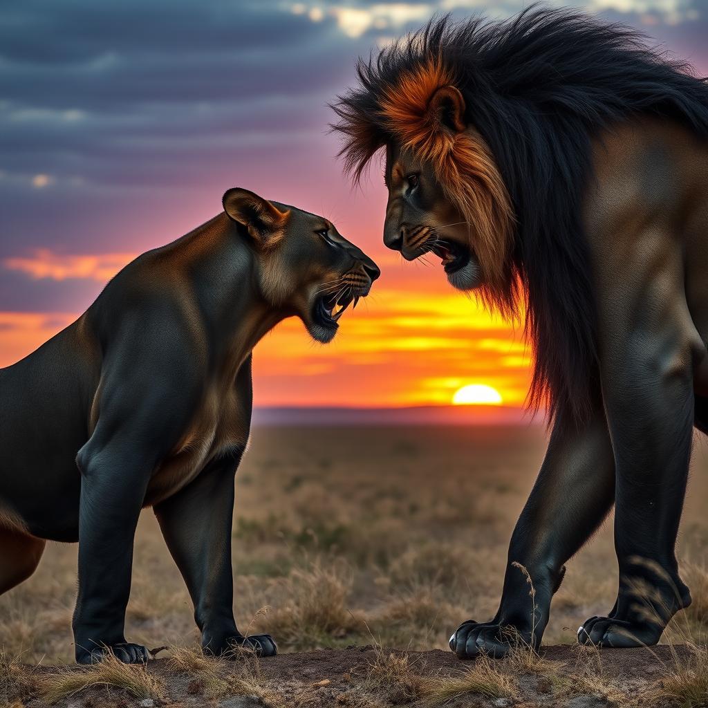 A fierce confrontation between a stunning black female lion and a magnificent black male lion