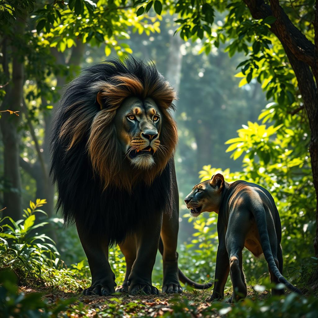 A captivating scene of a black female lion in a fierce showdown with a magnificent black male lion in a lush jungle setting