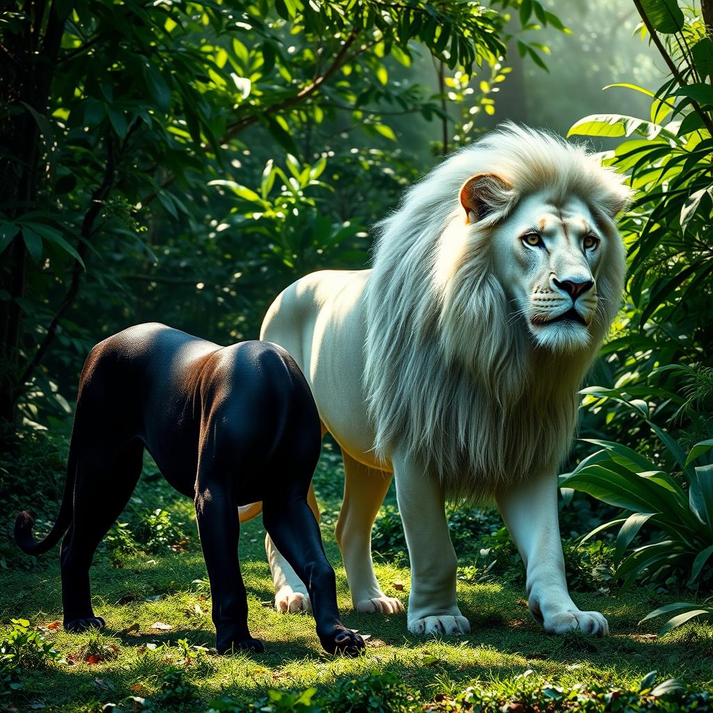 A breathtaking scene of a black female lion with a glossy coat walking gracefully alongside a magnificent white male lion in a lush jungle setting