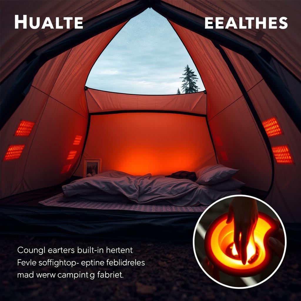 A realistic tent design featuring built-in heaters integrated within its walls made of Kevlar material