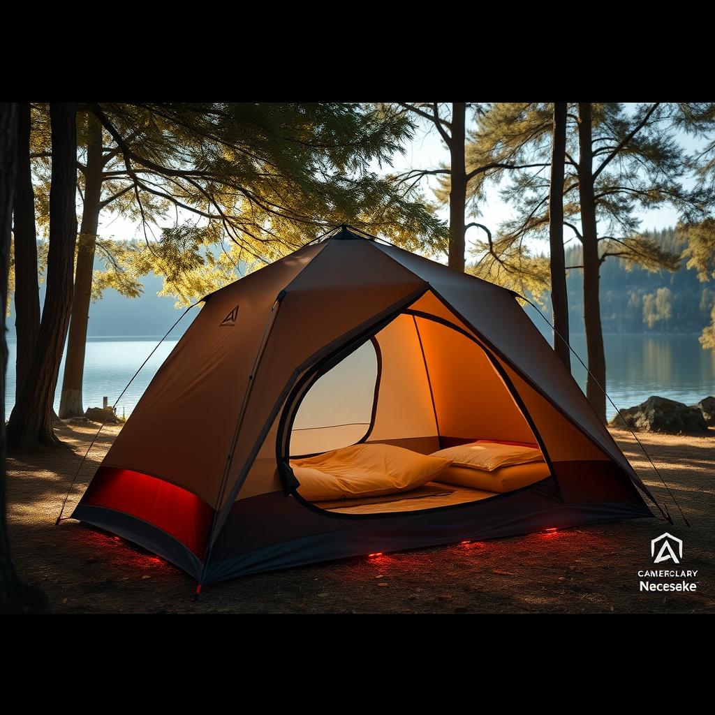 A realistic outdoor camping scene featuring a tent made of high-tech Kevlar material, designed with built-in heating elements integrated into the walls