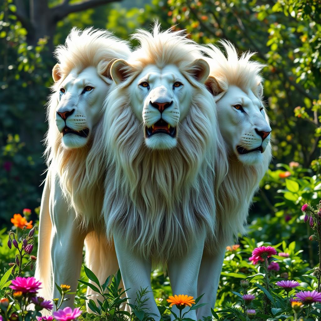 A majestic white male lion with three heads, each one showcasing its fierce and regal features
