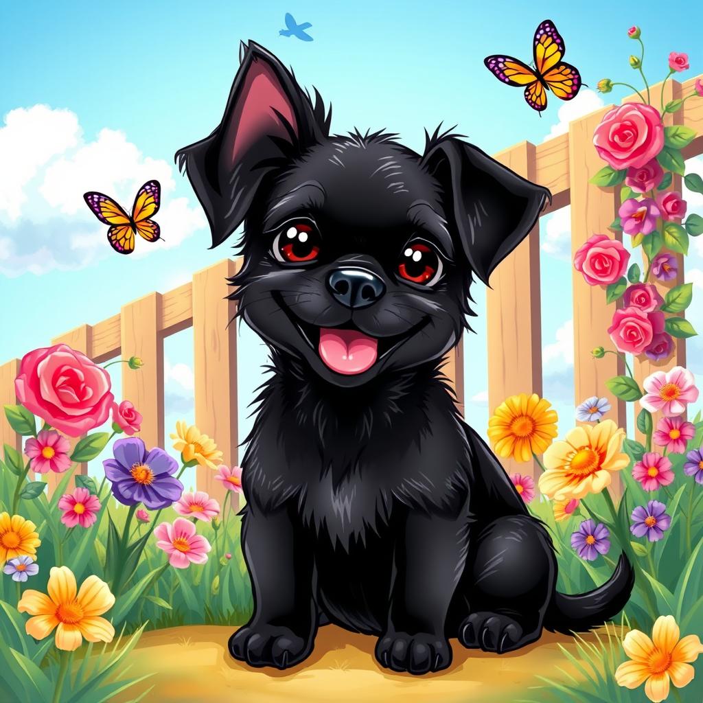A charming illustration of a small black dog named Betty sitting happily in a vibrant, sunlit garden filled with colorful flowers