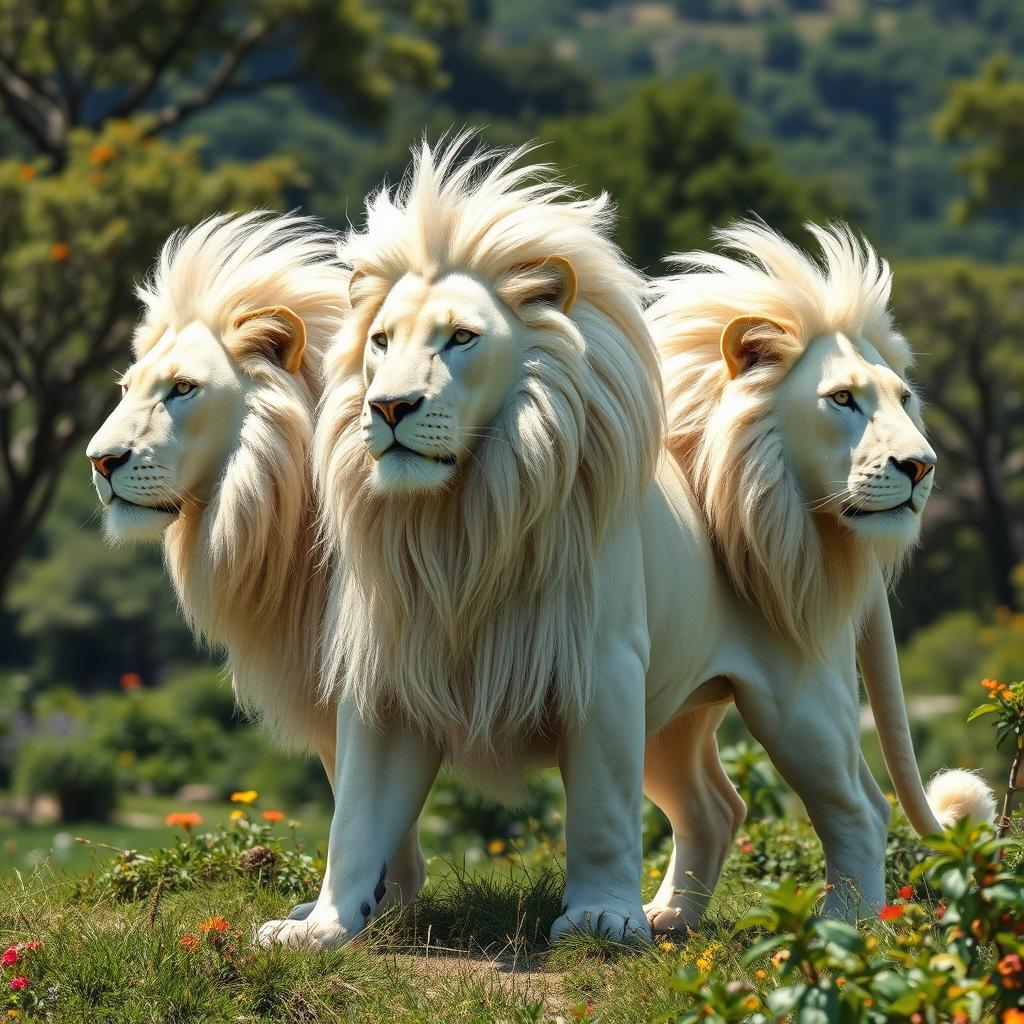 A magnificent white male lion with three heads and a single body, embodying both majesty and power