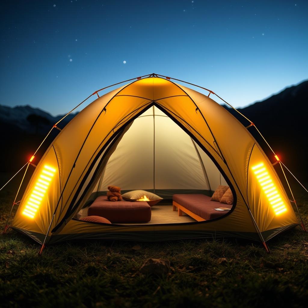 A futuristic tent featuring built-in heaters seamlessly integrated into its walls, crafted from high-tech Kevlar material