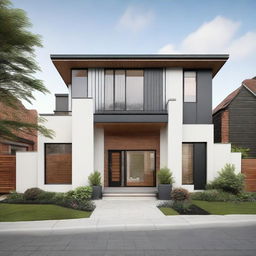 Renovated ground floor front elevation of a suburban house, complete with modern architectural elements and landscaping.