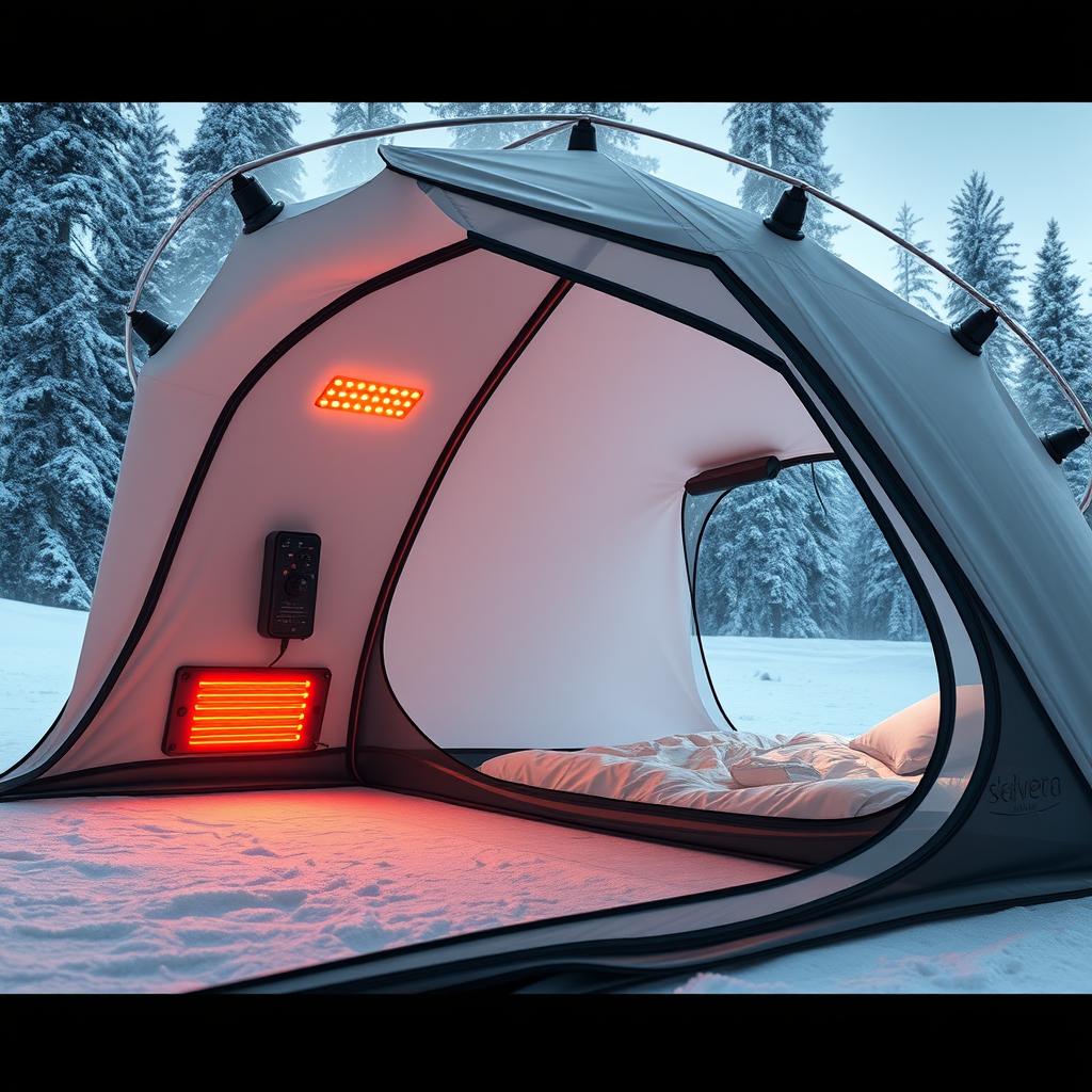 A futuristic tent with built-in heaters integrated into its Kevlar walls