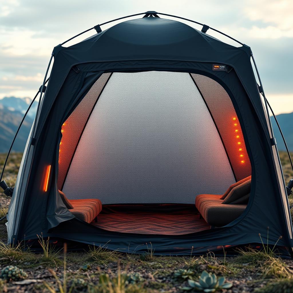 A futuristic tent design with built-in heaters integrated into the walls