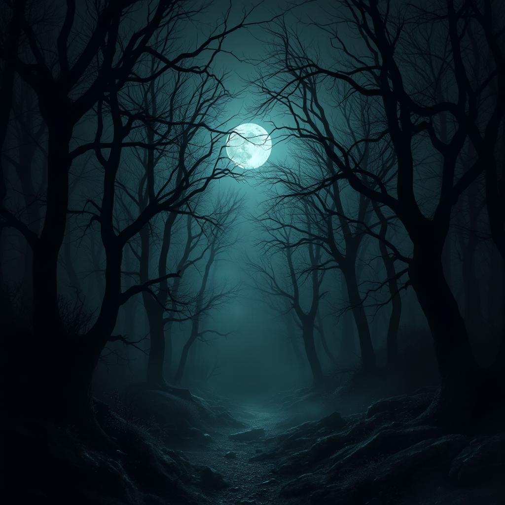 A dark, eerie forest at midnight, shrouded in mist with gnarled trees, their branches reaching out like skeletal hands