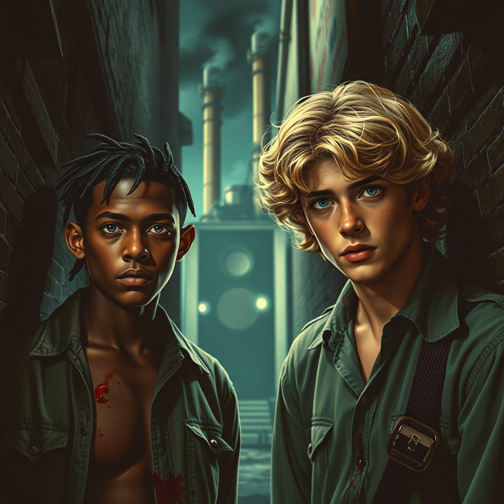 In a dark alley during the 1950s, just after World War II, featuring a factory with a glitching effect that suggests its CEOs are programmed robots