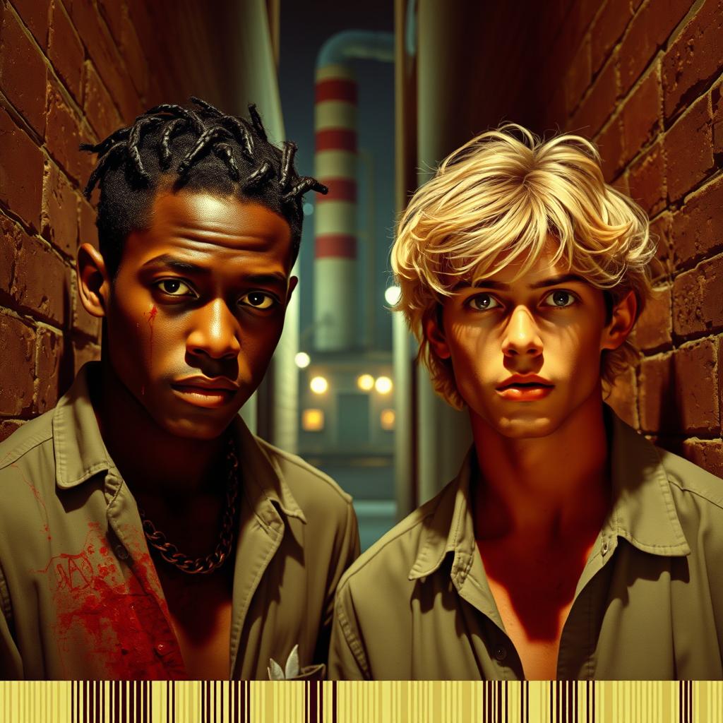 In a dark alley during the 1950s, just after World War II, depicting a factory exhibiting a glitching effect, suggesting its CEOs are programmed robots