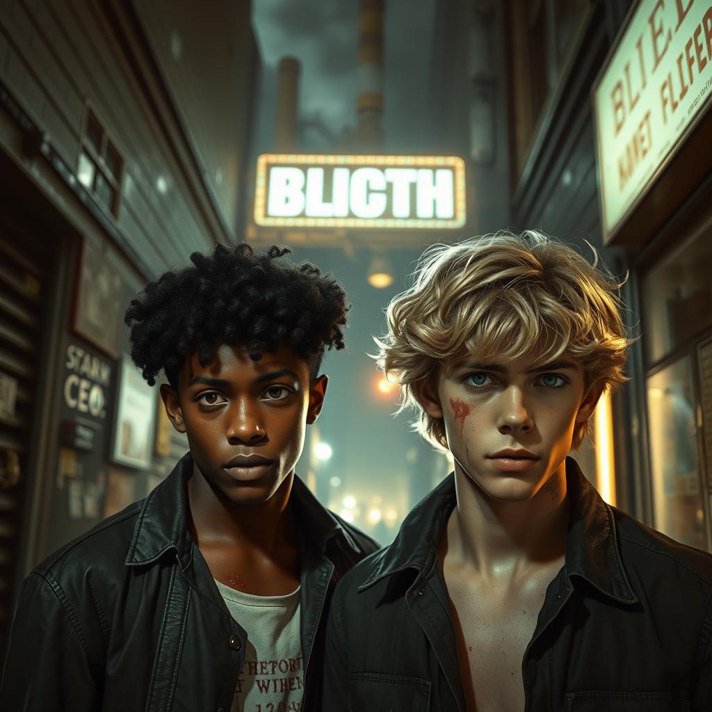 Set in a dark alley during the 1950s, just after World War II, featuring a factory displaying a glitching effect, indicative of its CEOs being programmed robots