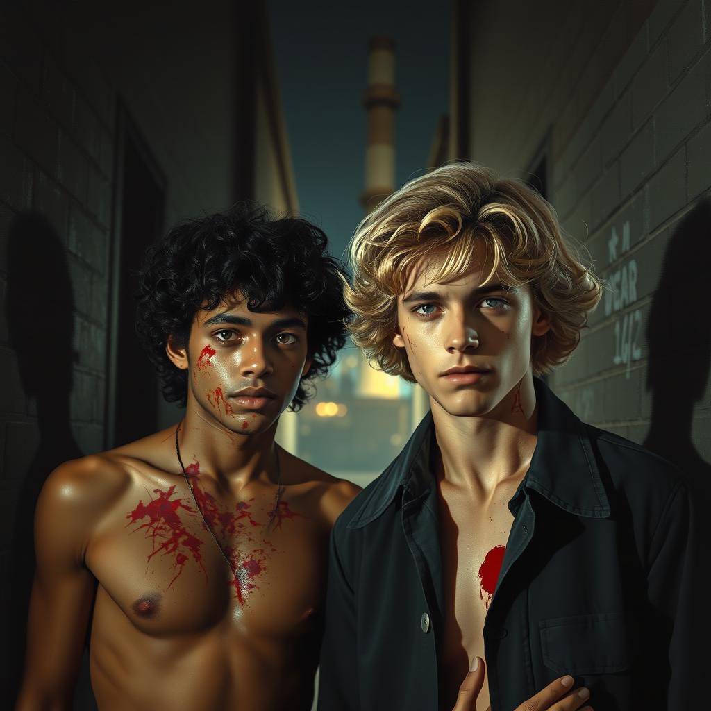 In a dark alley set in the 1950s, just after World War II, a factory is portrayed with a glitching effect, indicative of its CEOs being programmed robots