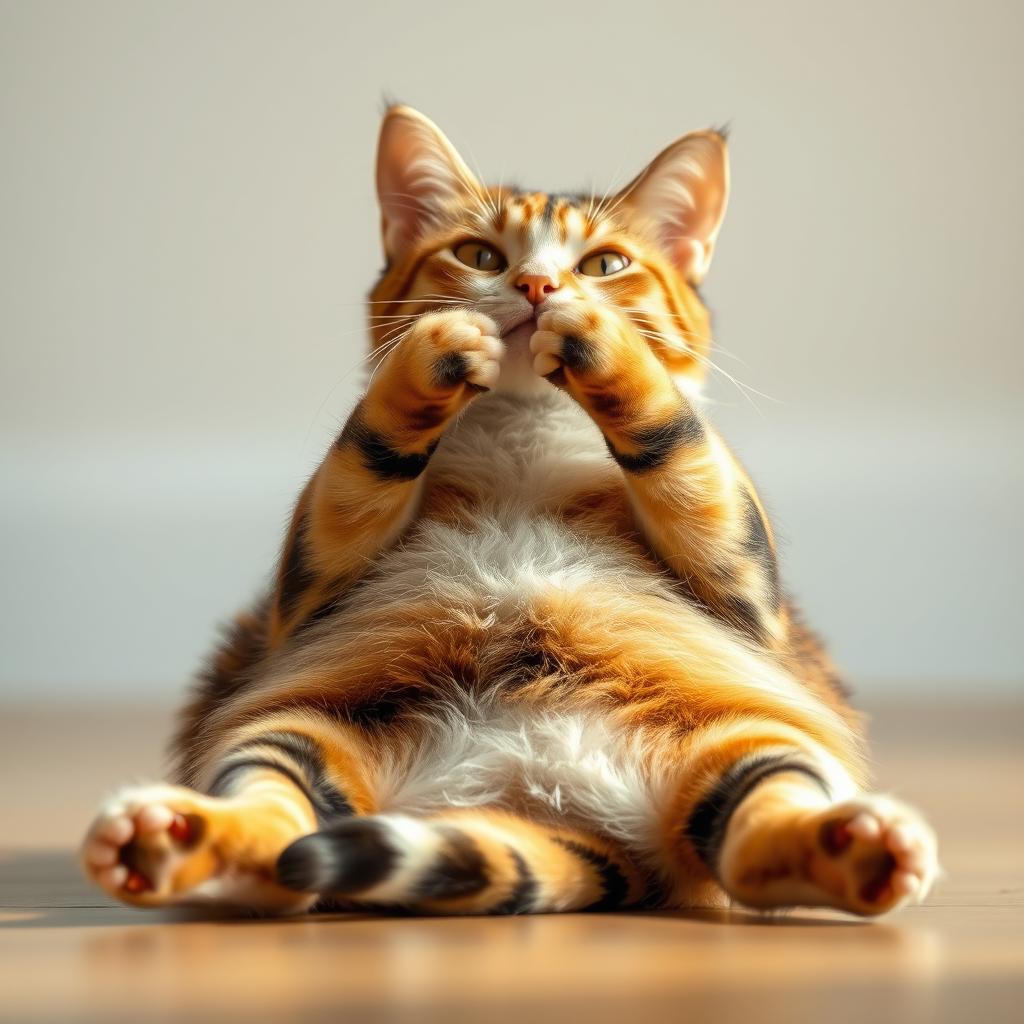 A full-body portrait of a calico cat lying on its back on the ground, facing forward with its paws raised up