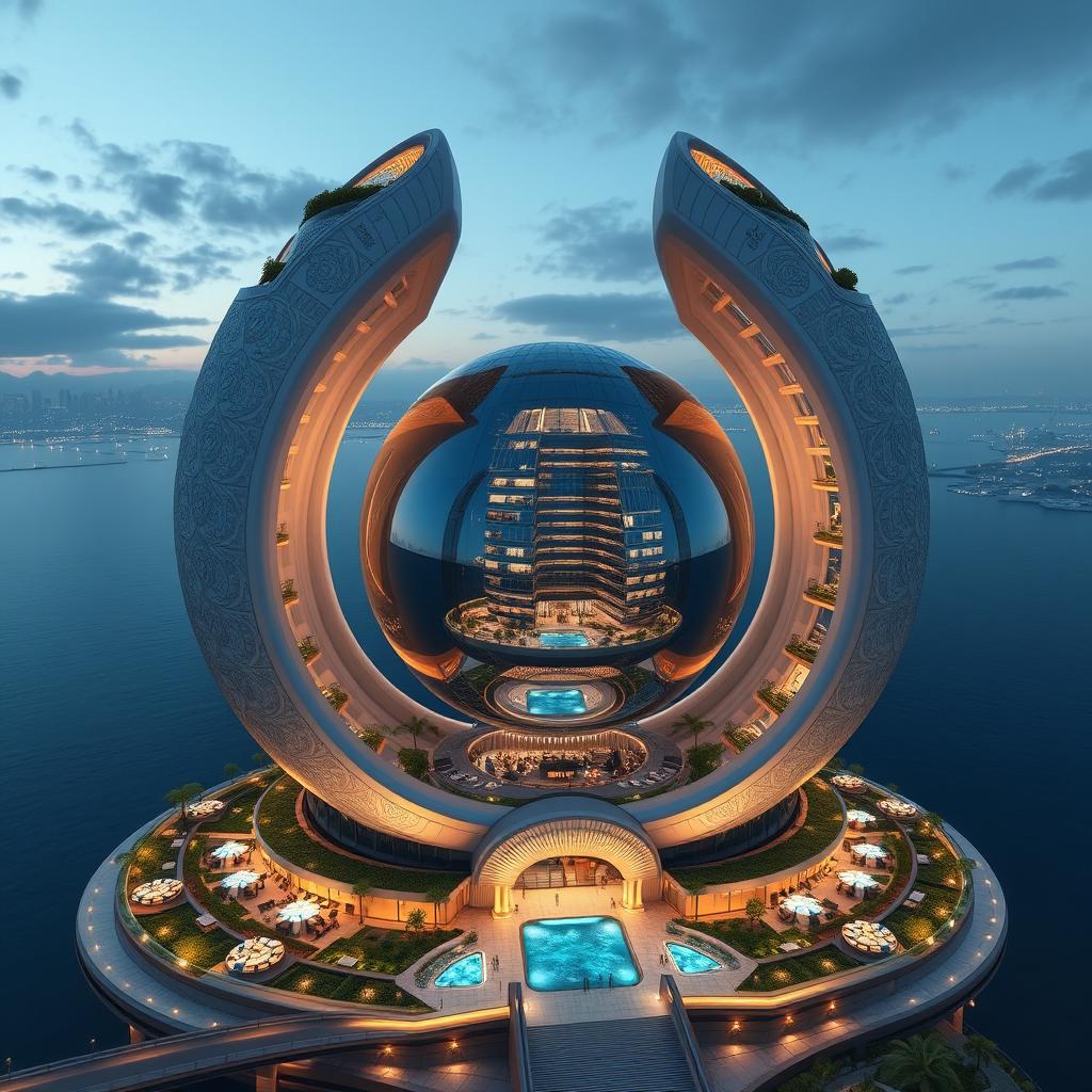 A stunning commercial-residential tower named "EBEEAVIJAN", featuring a prominent 40-meter glass sphere nested between two 70-meter shell-like outer structures