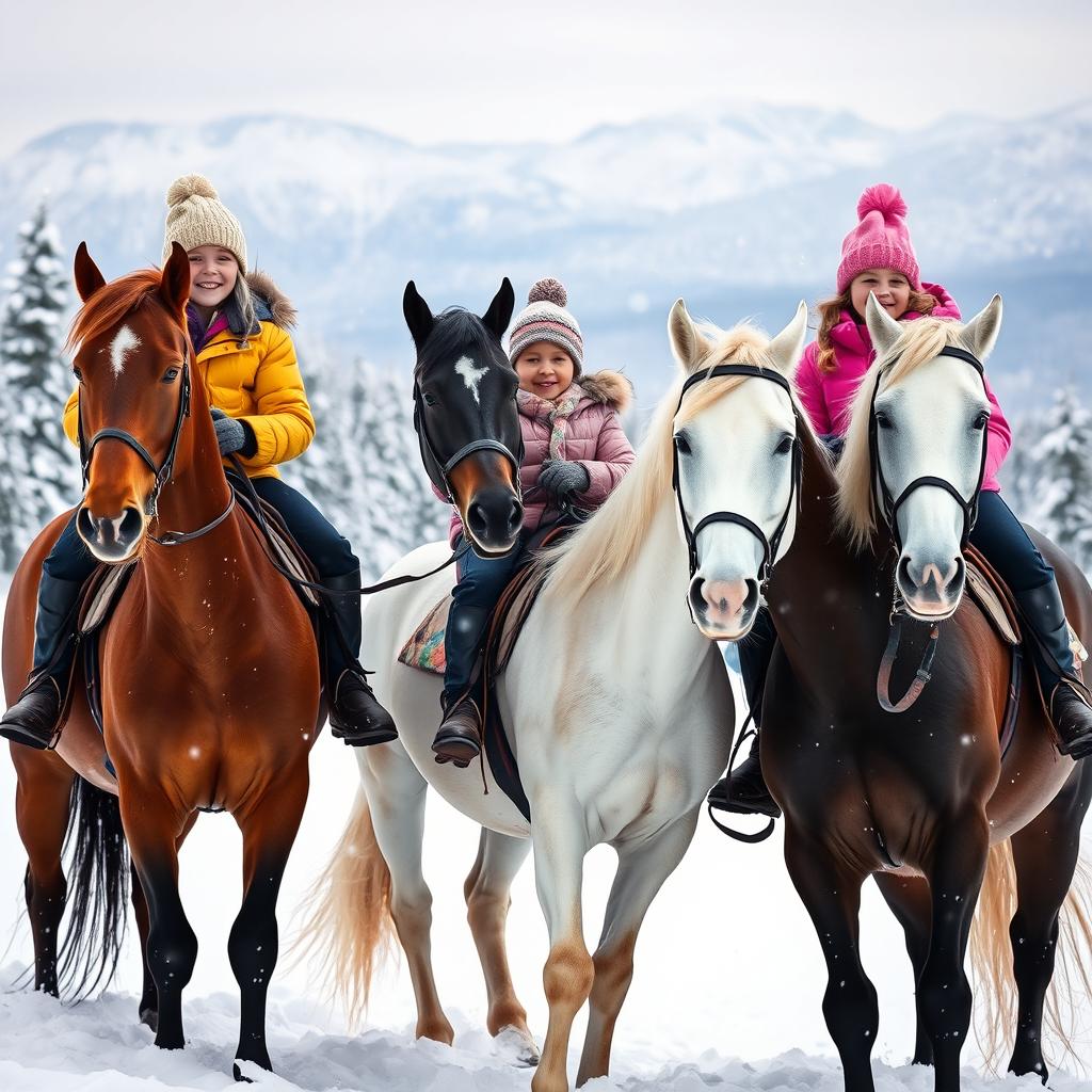 Three girls joyfully riding three majestic horses in a picturesque winter landscape