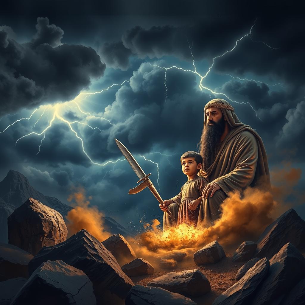 A dramatic scene depicting the moment when Prophet Ibrahim (Abraham) is about to sacrifice his son Ismail (Ishmael) on a mountain, surrounded by a powerful earthquake