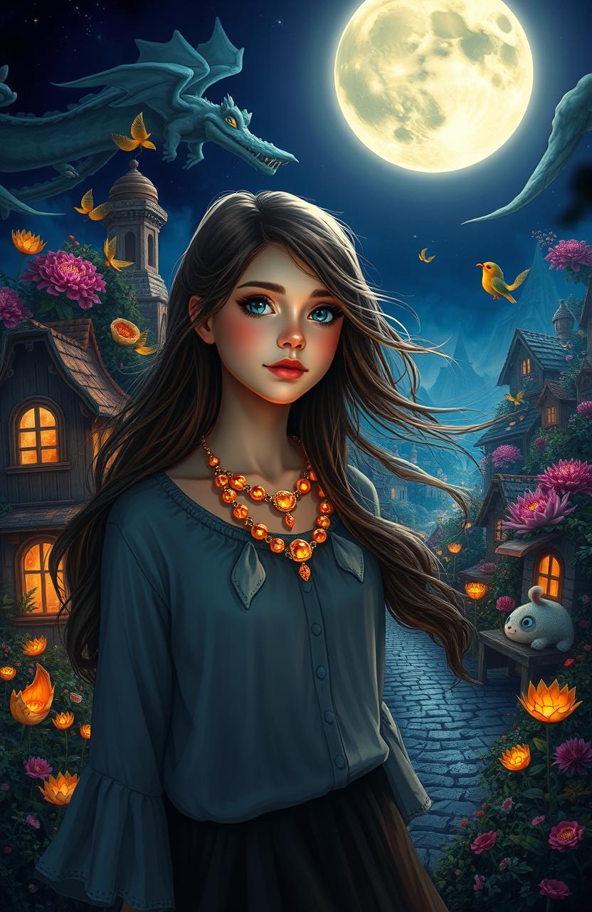 A mesmerizing scene titled 'Cuando Despierte la Luna', featuring a girl with an exquisite amber necklace