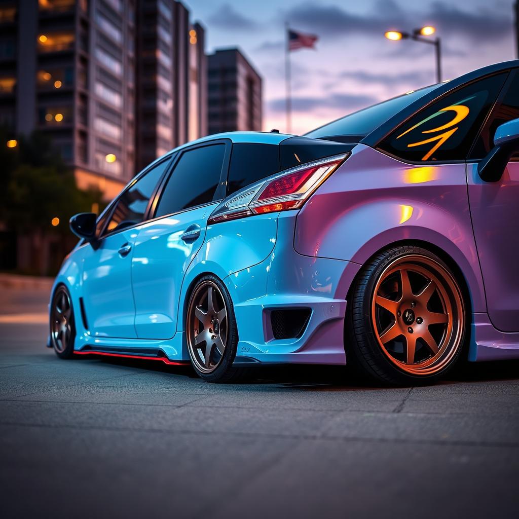 A close-up view of a 2008 Citroën C4 Picasso that has been customized with tuning modifications