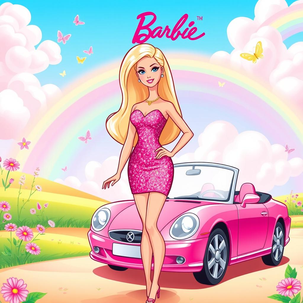 A vibrant and colorful cartoon scene inspired by the Barbie theme, featuring a stylish Barbie doll with long blonde hair, wearing a fashionable pink dress with sparkles