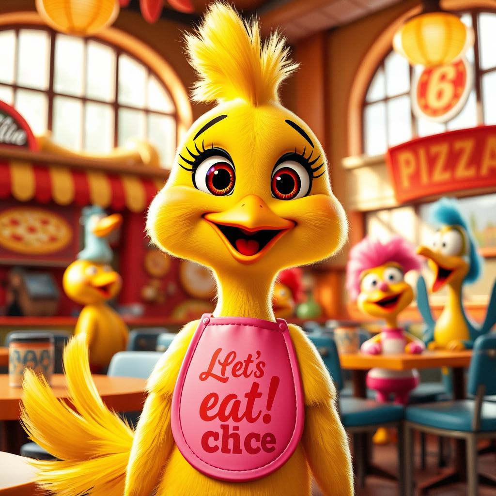 A vibrant and cheerful female character known as Chica from a whimsical, animated series