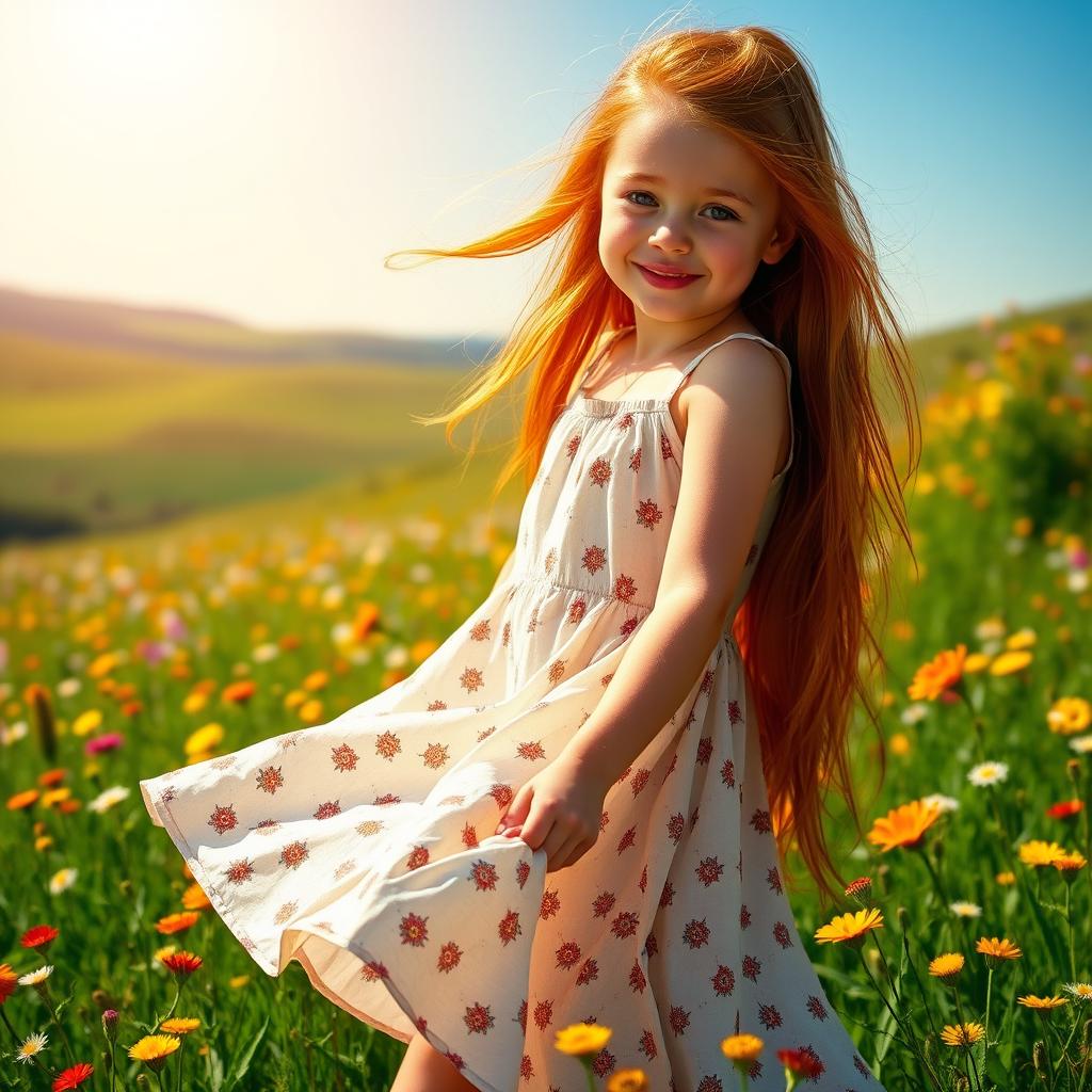 A beautiful girl with long red hair, wearing a flowing summer dress, standing in a sunny meadow filled with vibrant wildflowers