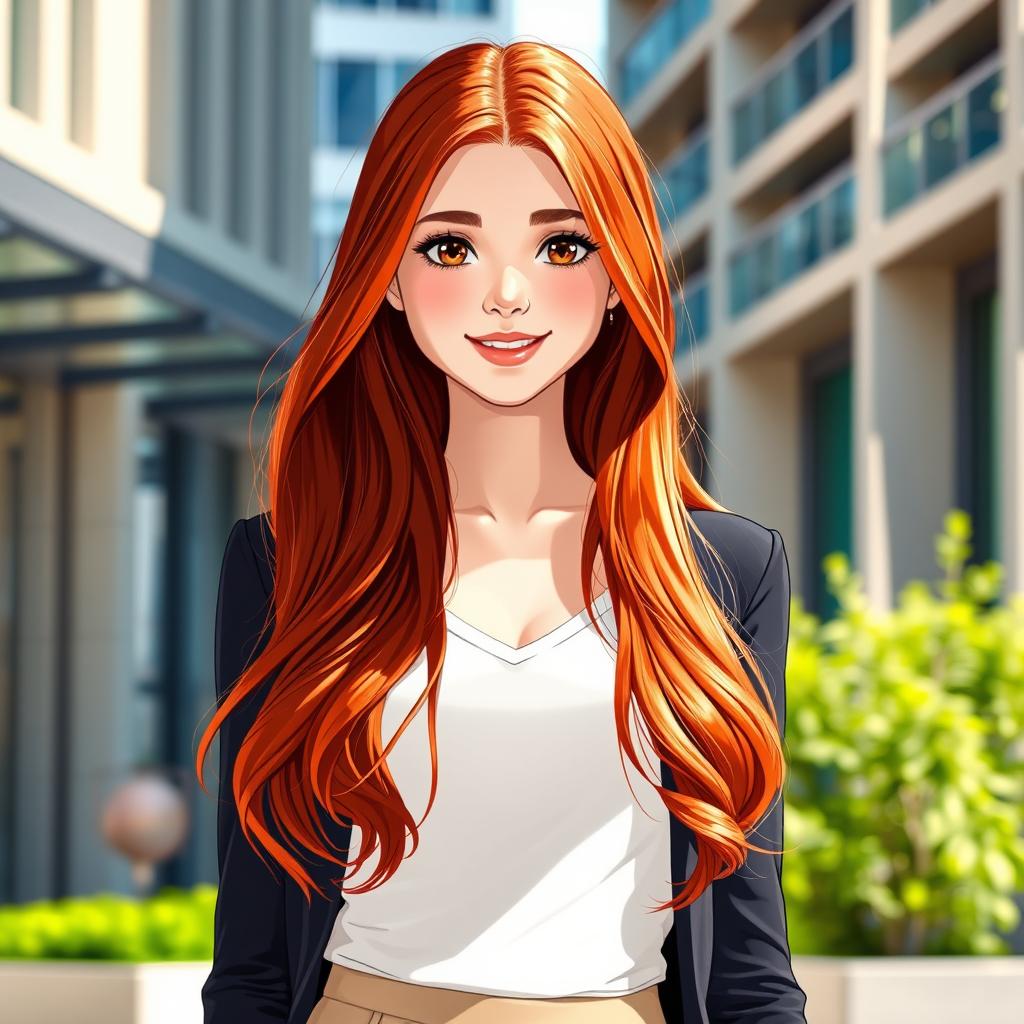 A beautiful 18-year-old girl with long red hair, wearing a stylish and elegant outfit, standing confidently in an urban setting