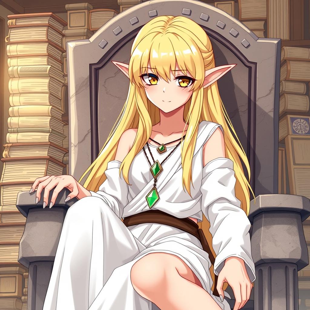 A mature-looking elf girl with golden-blonde long hair and yellow eyes, dressed in short ancient Greek-style white clothing