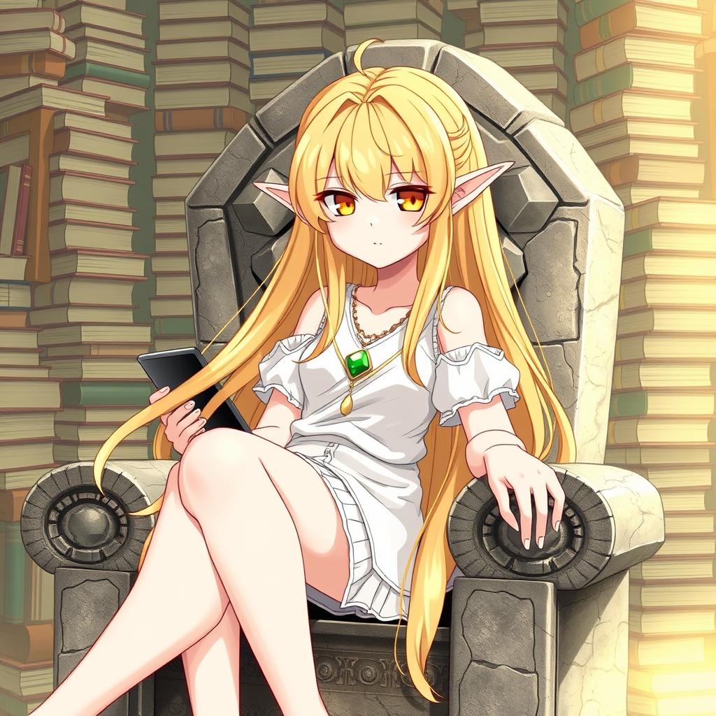 A golden-blonde elf girl with yellow eyes and long hair, exuding a smug smile while lounging on a stone throne