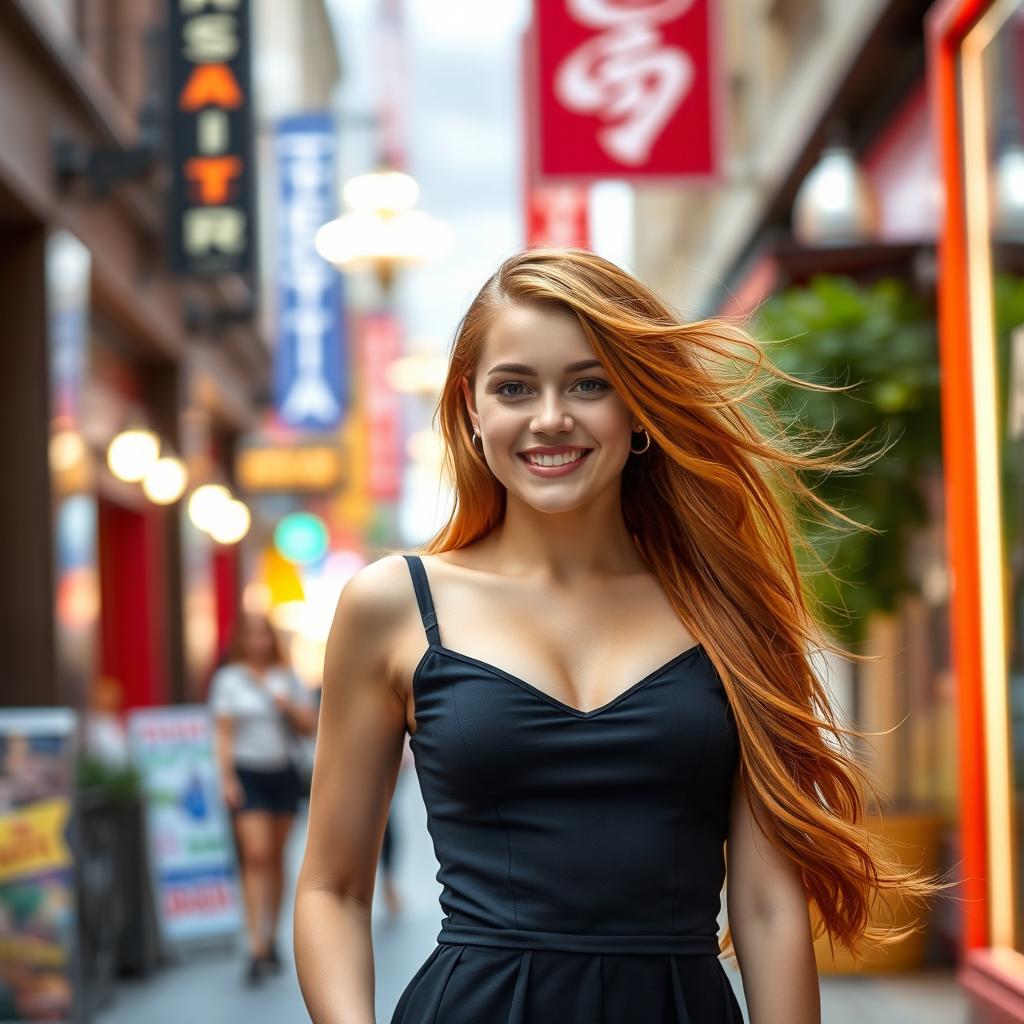 A beautiful 18-year-old girl with long red hair and an attractive figure, wearing a stylish dress that accentuates her features