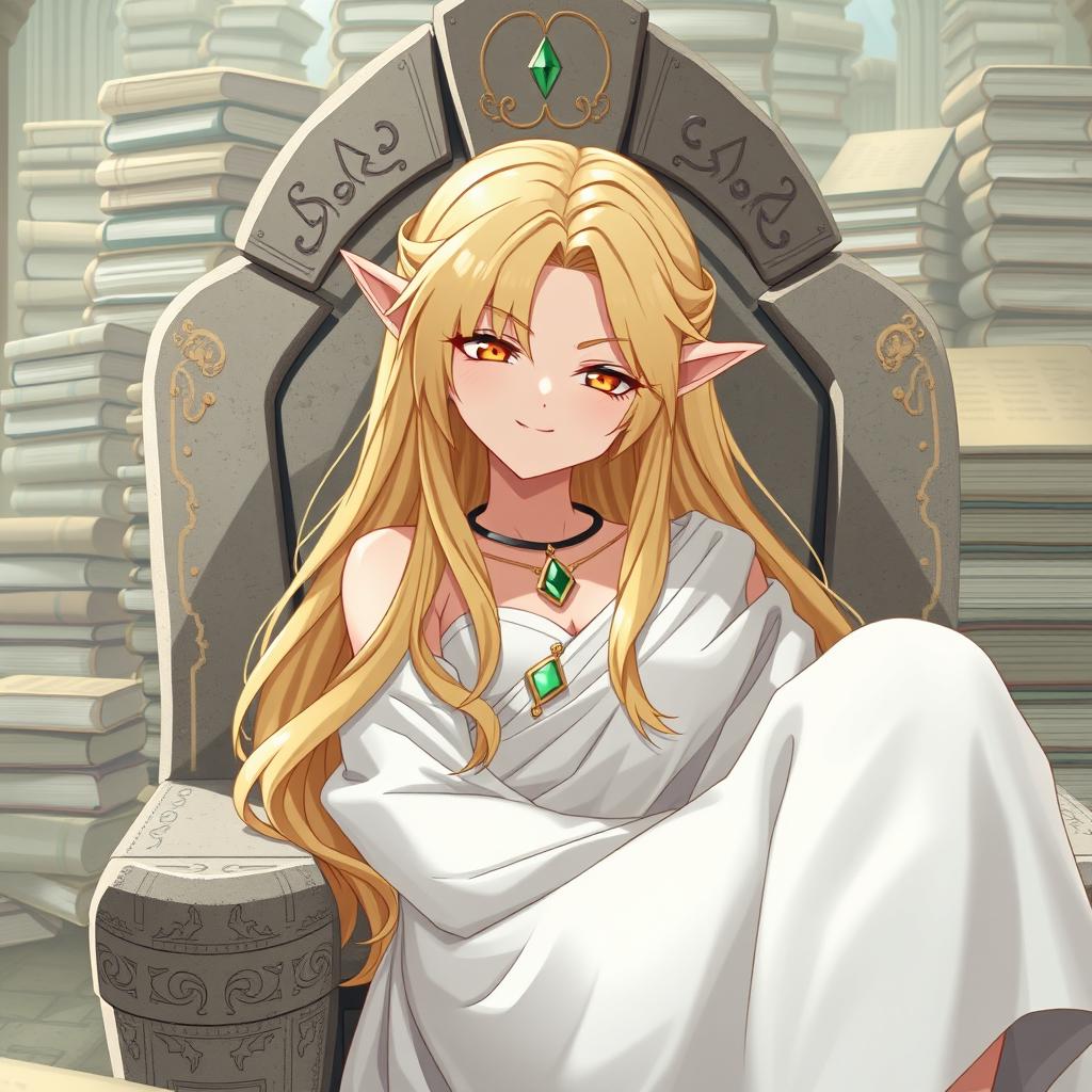A captivating elf girl with golden-blonde long hair and yellow eyes, lounging comfortably on a stone throne