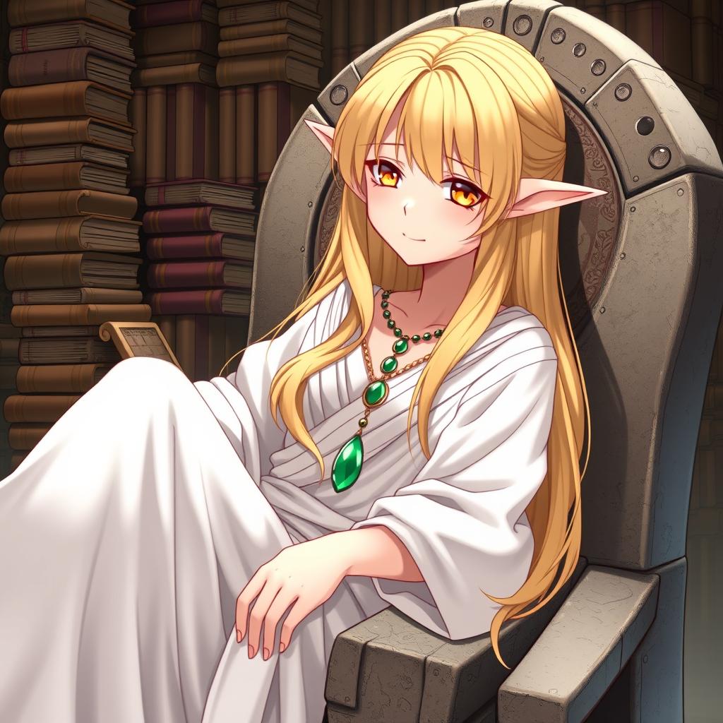 An elegant elf girl featuring golden-blonde long hair and striking yellow eyes, lounging gracefully on a stone throne