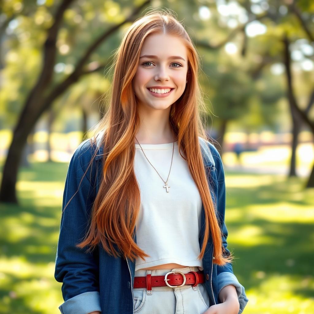 A beautiful 18-year-old girl with long red hair, wearing a fashionable outfit that highlights her youthful charm