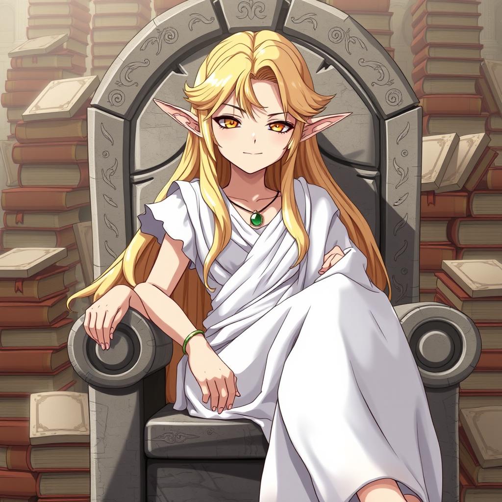 An elf girl with golden-blonde long hair and yellow eyes, displaying a smug smile while lounging on a stone throne