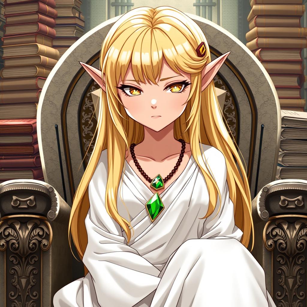 An elf girl with golden-blonde hair cascading long past her shoulders, featuring striking yellow eyes that convey a smug and condescending attitude