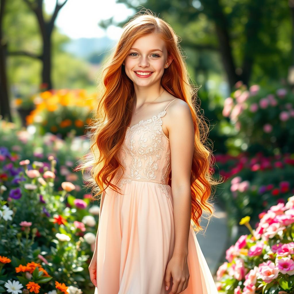 A beautiful 18-year-old girl with long red hair, wearing an elegant dress