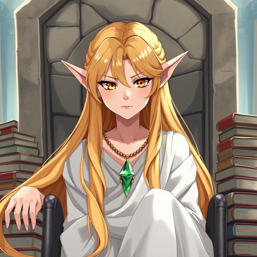 An elf girl with flowing golden-blonde hair that falls gracefully around her shoulders, showcasing her long locks