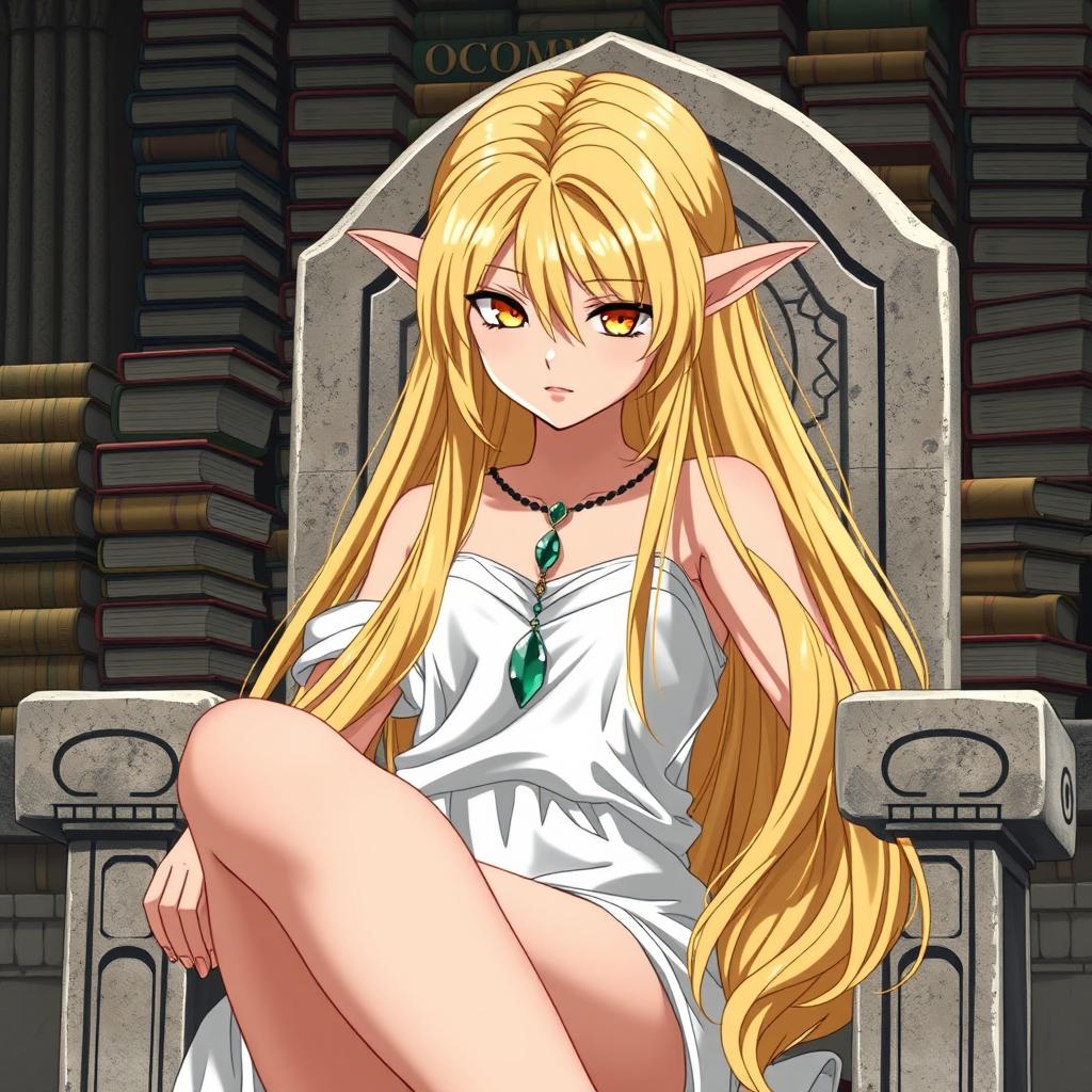 A stunning elf girl characterized by her golden-blonde, long hair, flowing elegantly around her shoulders