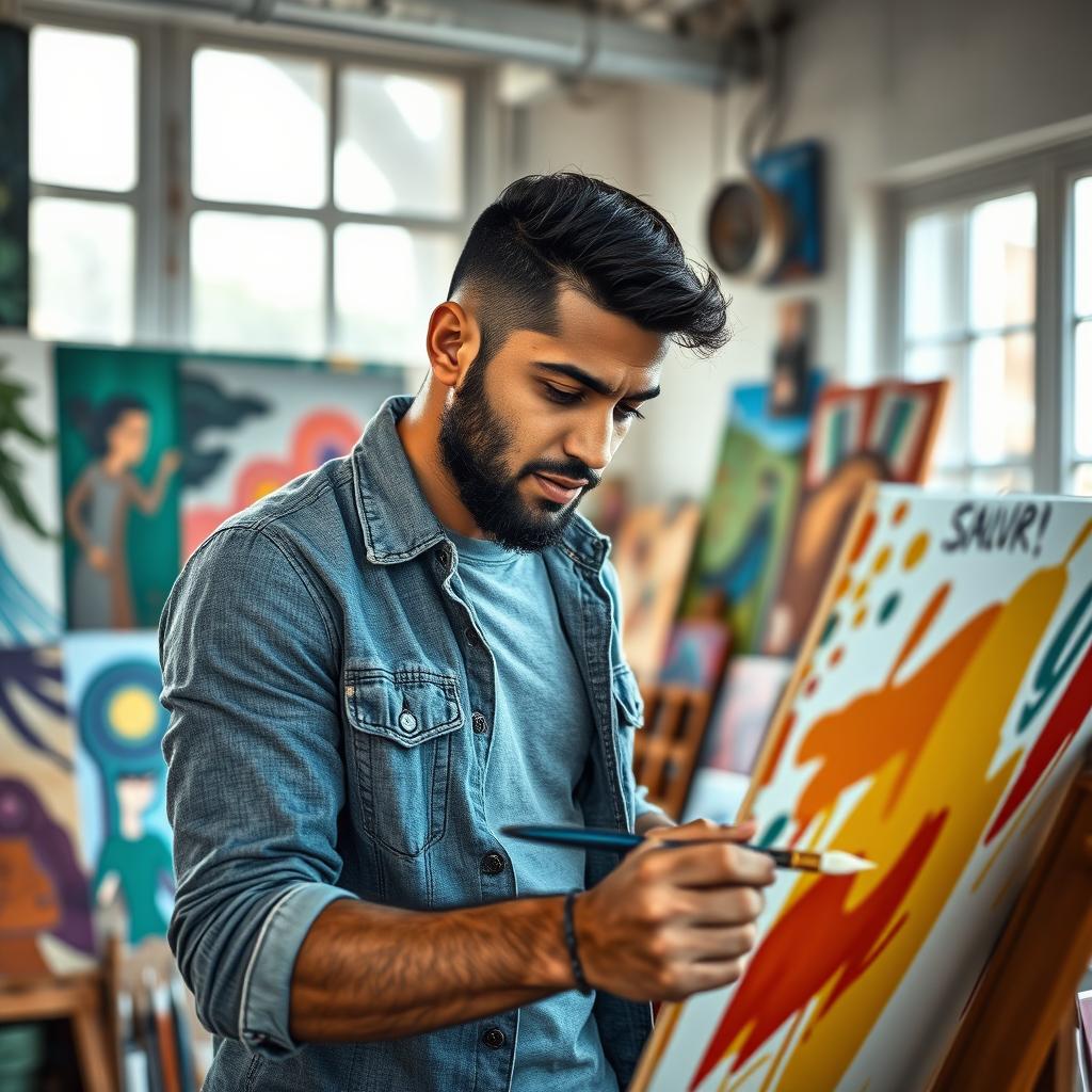 A visually striking portrait of a male artist named Mohamed Saber, showcasing his artistic talent