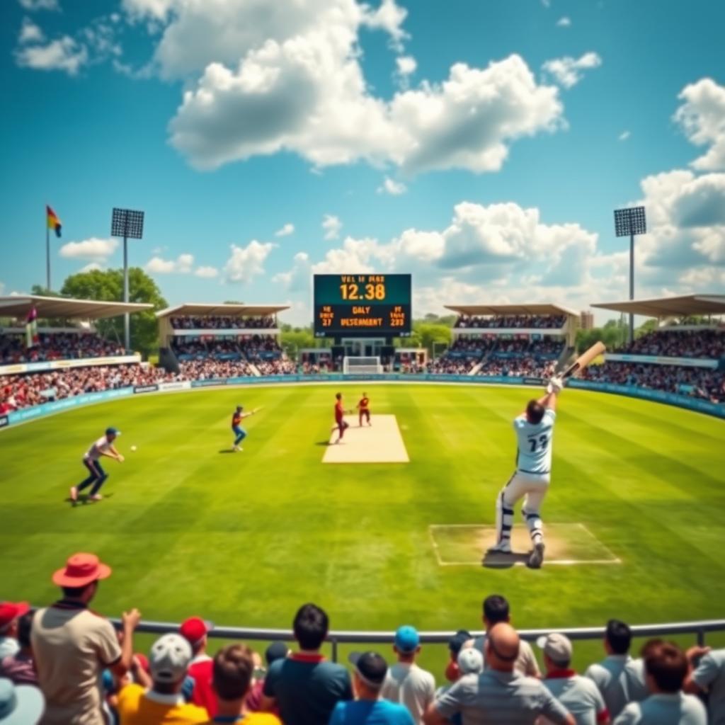 A vibrant cricket tournament scene showcasing players in action on a lush green cricket field