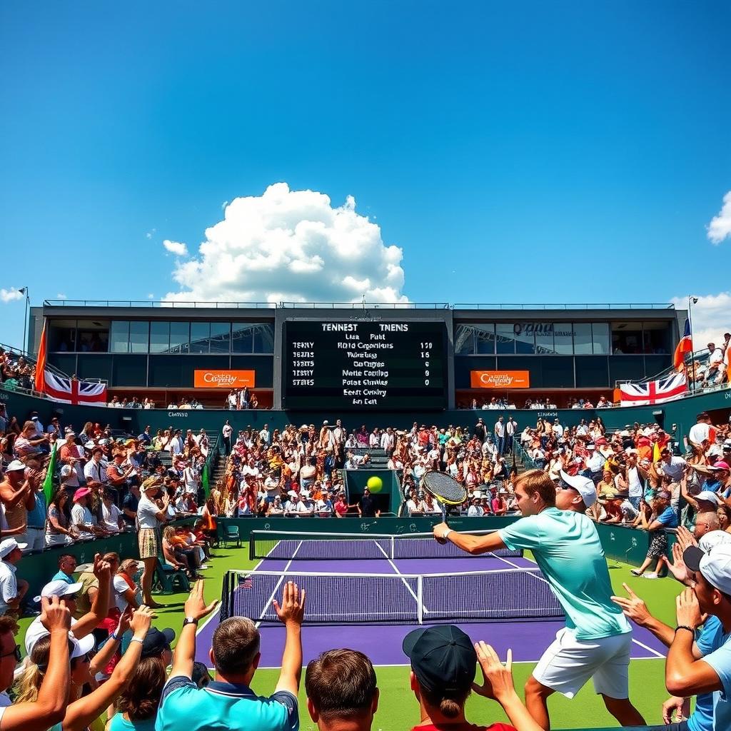 A vibrant and dynamic scene of a tennis tournament taking place on a sunny day