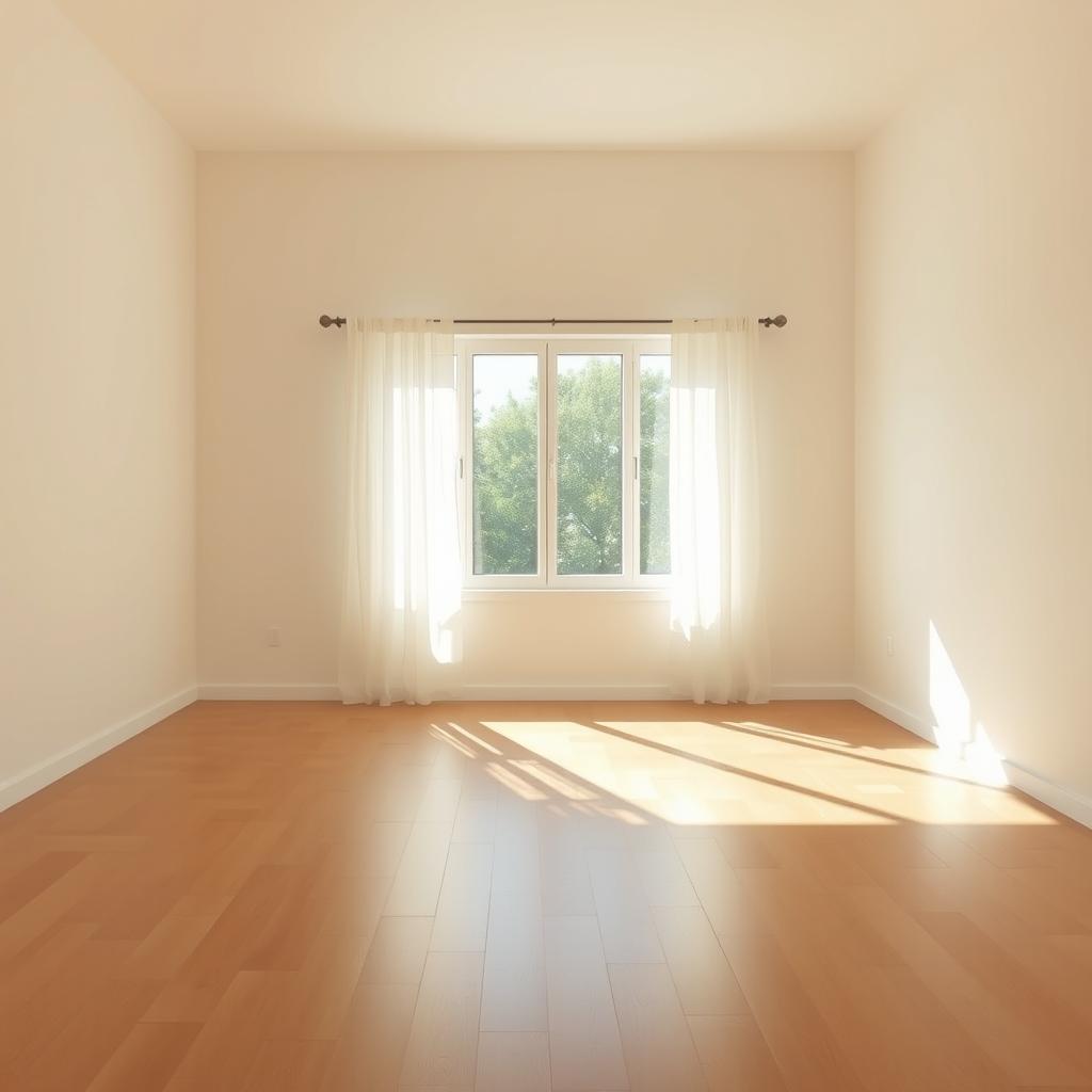 A serene and minimalist empty room, featuring soft, neutral-colored walls, hardwood floors, and a large window letting in gentle natural light